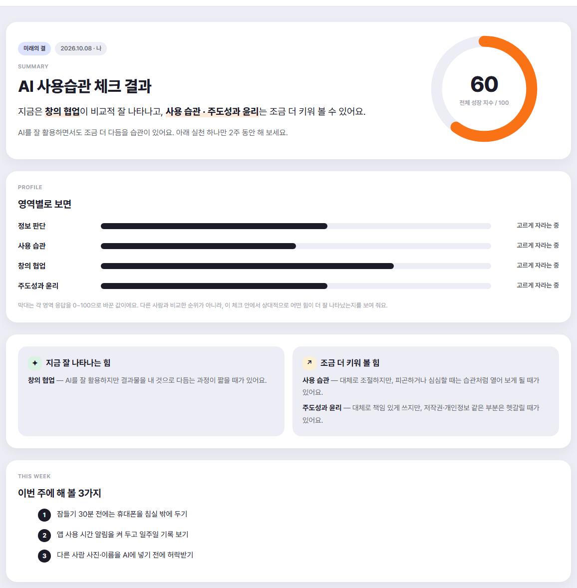 AI 사용습관 체크 결과 예시 화면